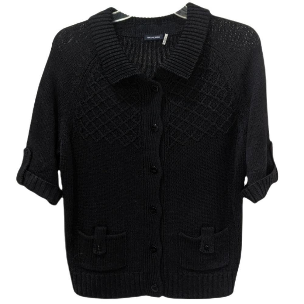 Magaschoni Short Sleeve Cardigan Black Knit Roll L